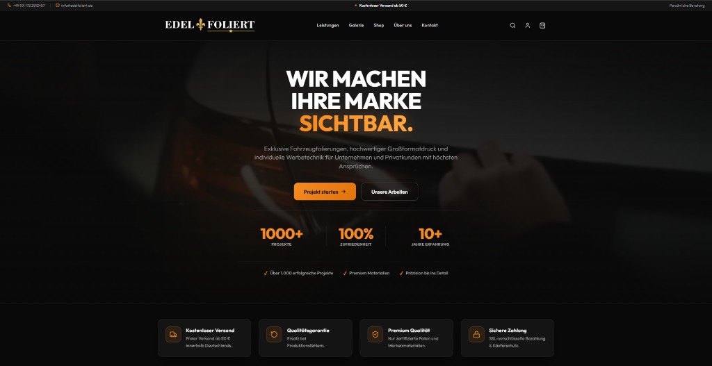 Onlineshop-Referenz edelfoliert.de – Shopify-Onlineshop für Fahrzeugfolierung, erstellt von Fokus Web